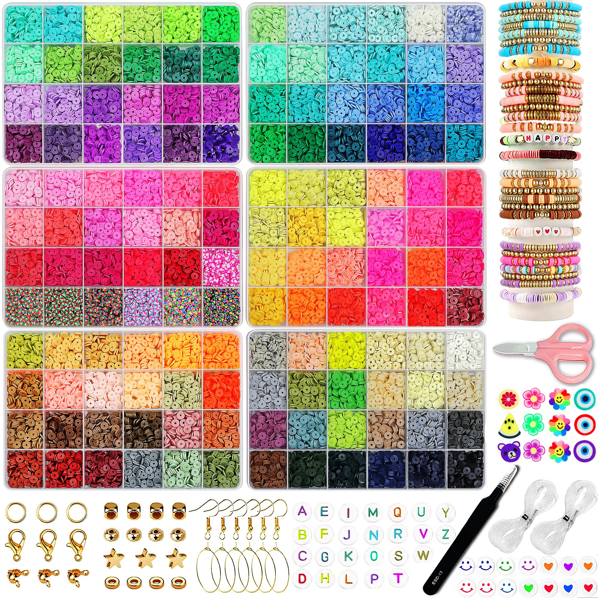 LIS HEGENSA 144Colors 20000+Pcs Clay Beads Bracelet Making Kit, Crafts Polymer Heishi Beads with Charm and Elastic Strings, Preppy Padded Beads for Jewelry Making kit Gift for Teen Girls