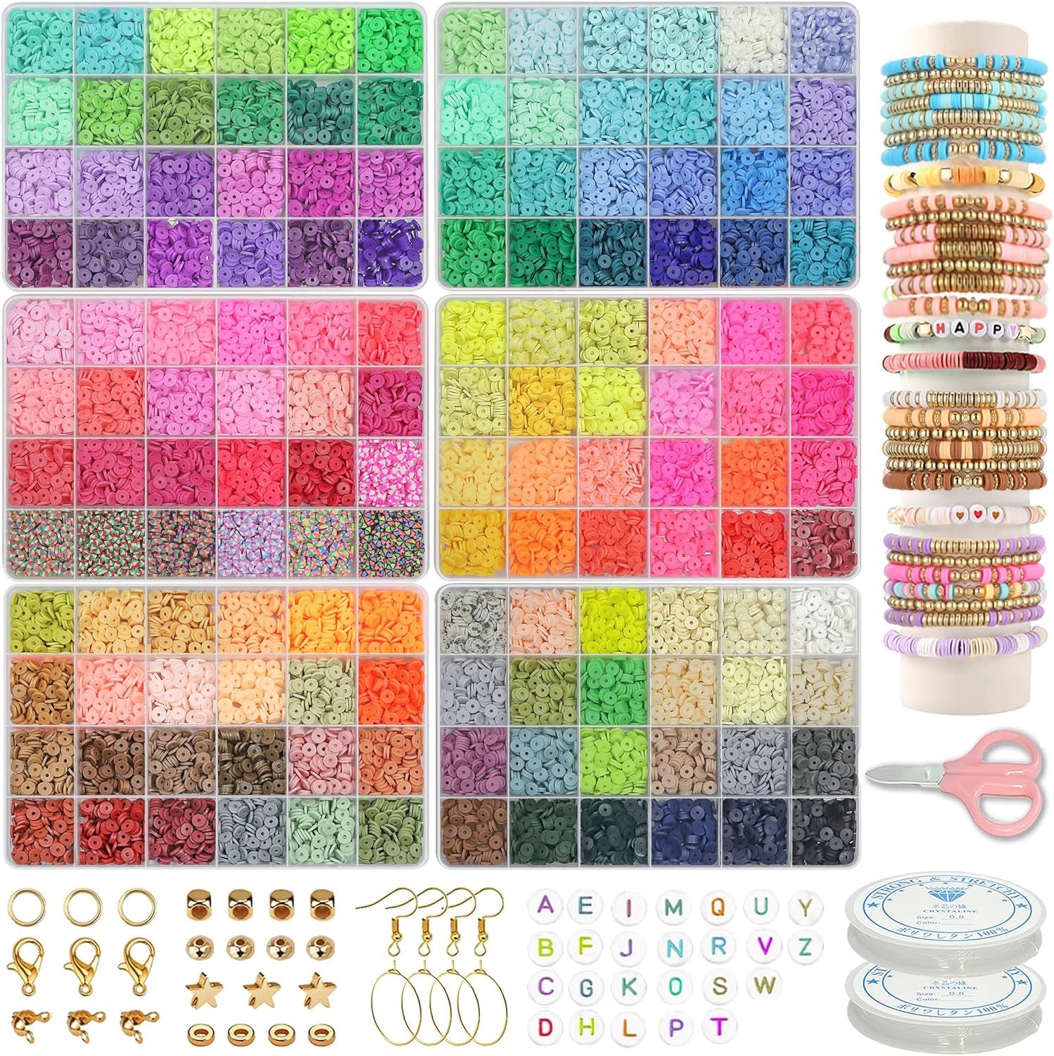 LIS HEGENSA 144Colors 20000+Pcs Clay Beads Bracelet Making Kit, Crafts Polymer Heishi Beads with Charm and Elastic Strings, Preppy Padded Beads for Jewelry Making kit Gift for Teen Girls