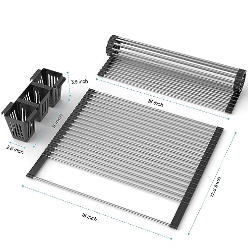 BBXTYLY Roll Up Dish Drying Rack with Storage Basket,Over The Sink Cover Kitchen Rolling up Dish Drainer, Foldable Sink Dish Drying Rack Stainless Steel for Kitchen Sink Counter(Black 17.3''x17.6'')