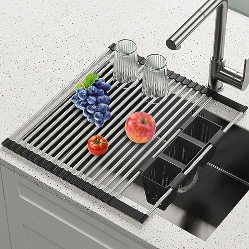 BBXTYLY Roll Up Dish Drying Rack with Storage Basket,Over The Sink Cover Kitchen Rolling up Dish Drainer, Foldable Sink Dish Drying Rack Stainless Steel for Kitchen Sink Counter(Black 17.3''x17.6'')