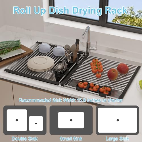 BBXTYLY Roll Up Dish Drying Rack with Storage Basket,Over The Sink Cover Kitchen Rolling up Dish Drainer, Foldable Sink Dish Drying Rack Stainless Steel for Kitchen Sink Counter(Black 17.3''x17.6'')