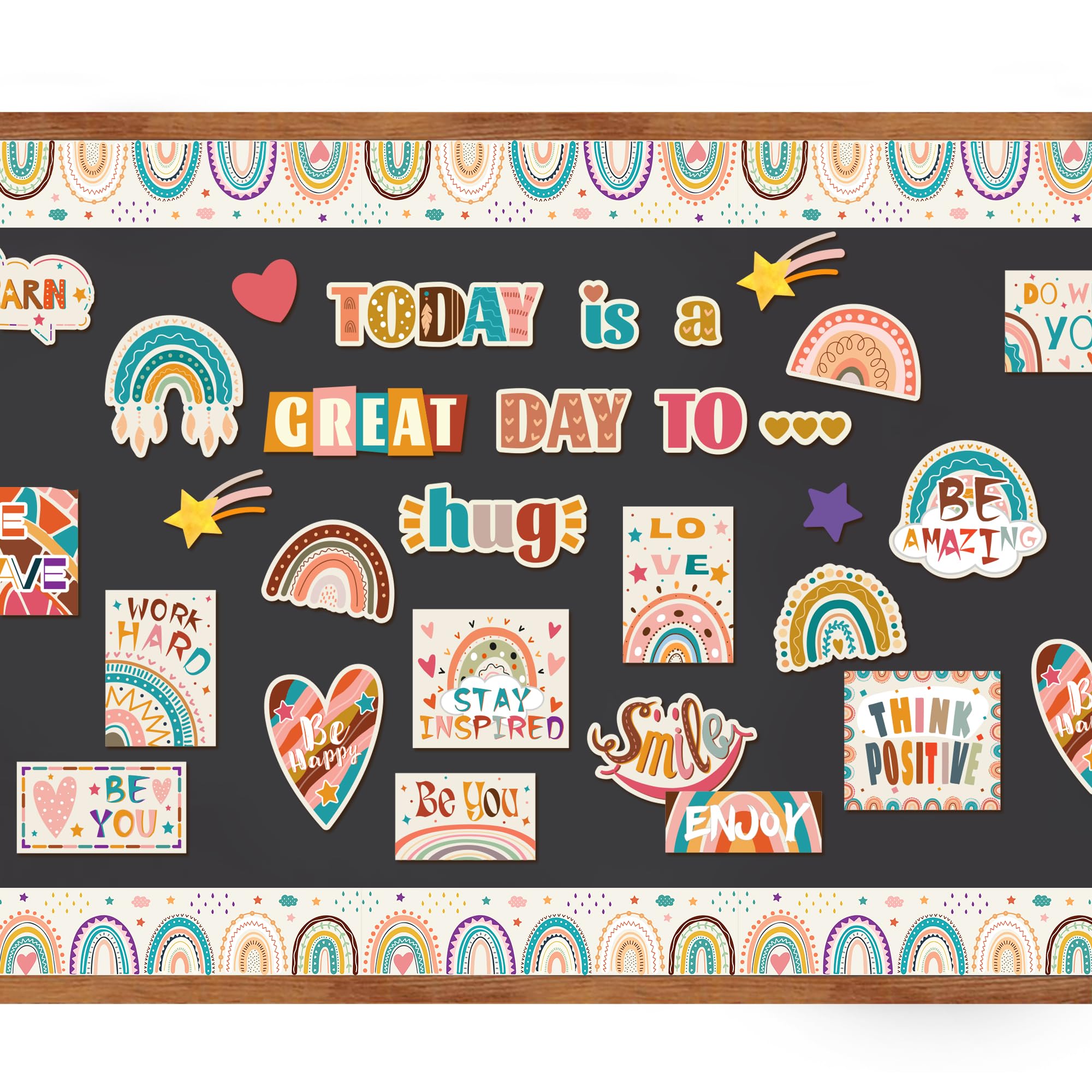 Today is A Great Day Bulletin Board Set Boho Rainbow Bulletin Board Borders Heart Star Bohemian Rainbow Cutouts with Glue Points for Classroom School Office Home Wall Decoration