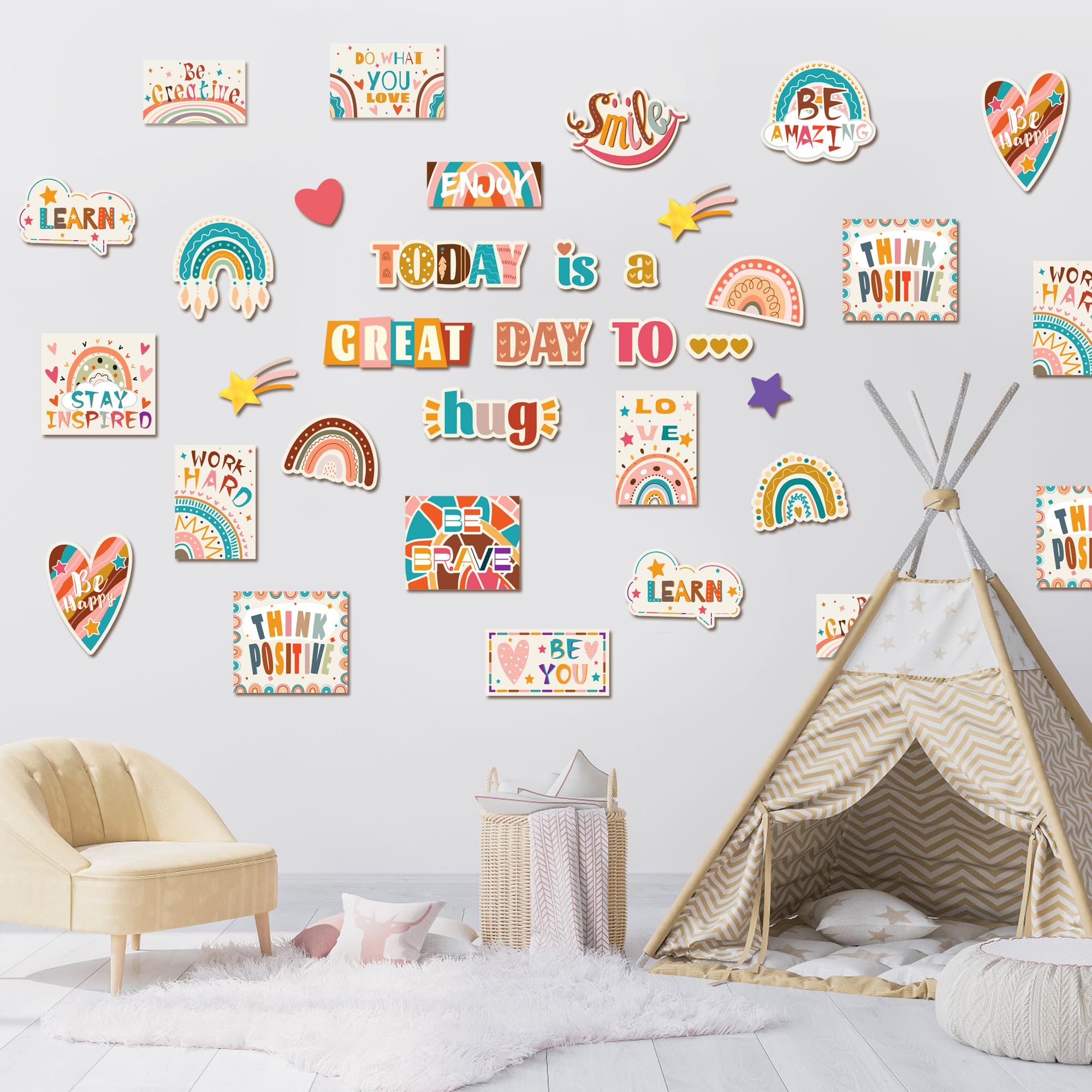 Today is A Great Day Bulletin Board Set Boho Rainbow Bulletin Board Borders Heart Star Bohemian Rainbow Cutouts with Glue Points for Classroom School Office Home Wall Decoration