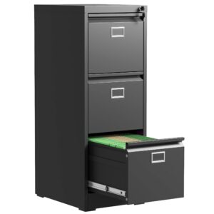 VIYET 3 Drawer File Cabinet, Metal Vertical File Cabinets with Lock for Home Office, Office Steel Filing Cabinet for Hanging Files for A4/ Legal/Letter,Assembly Required (Black)