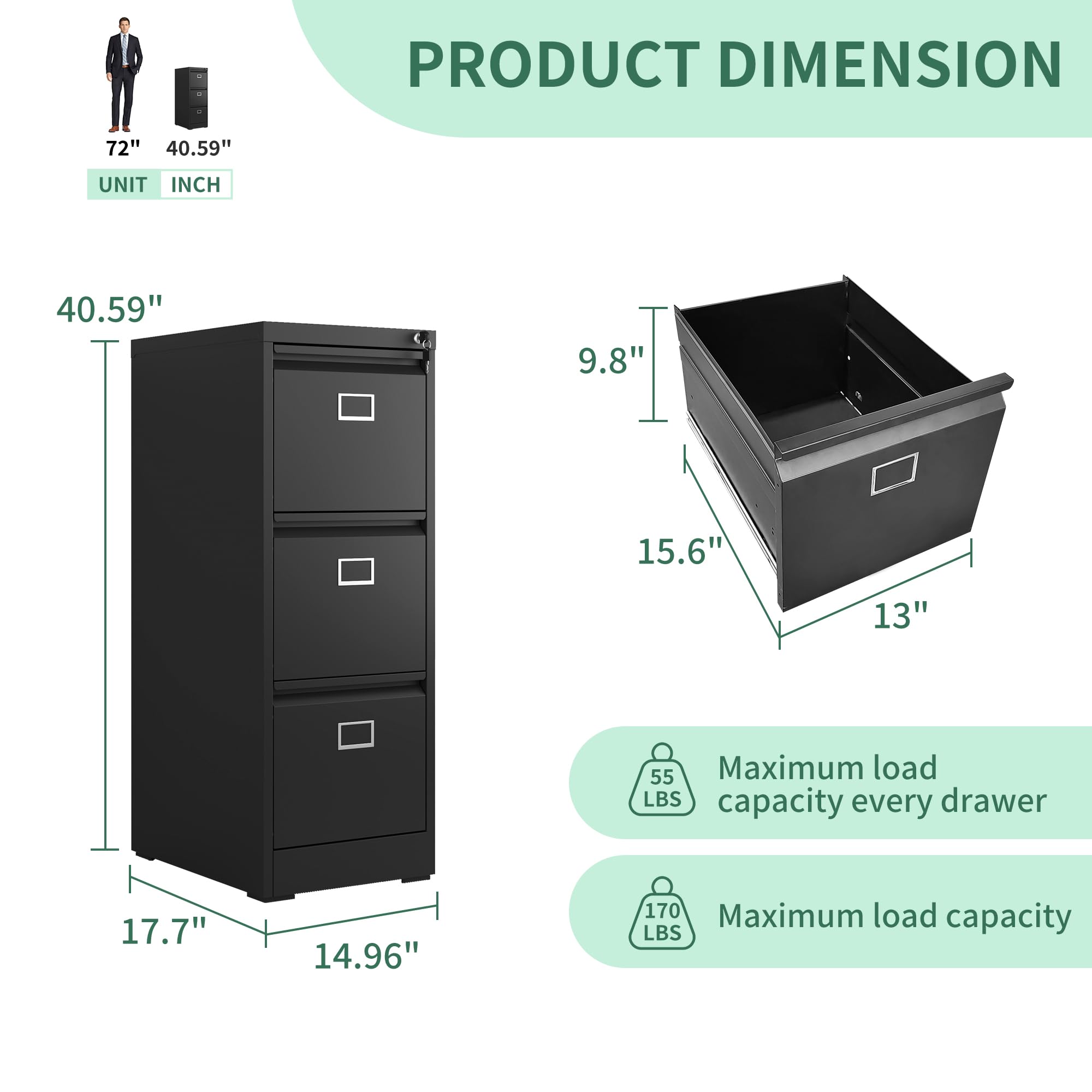 VIYET 3 Drawer File Cabinet, Metal Vertical File Cabinets with Lock for Home Office, Office Steel Filing Cabinet for Hanging Files for A4/ Legal/Letter,Assembly Required (Black)