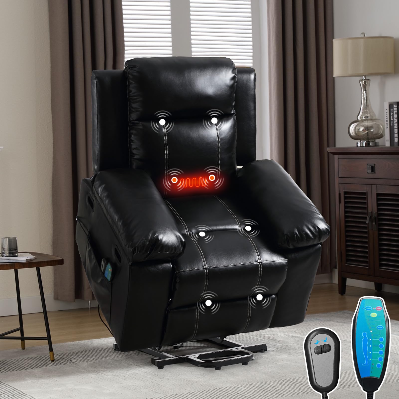 Antetek PU Leather Electric Power Lift Recliner Massage Chair with Heat & Massage for Elderly, Modern Upholstered Reclining Sofa Chair for Living Room Reading Bedroom Home Theater Seating(Black)