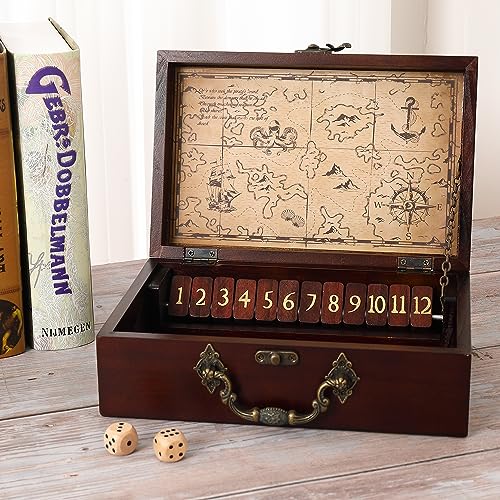 STERLING Games 12 Number Shut The Box Wooden Box Travel Case Nautical Theme Family Dice Game for Kids and Adults