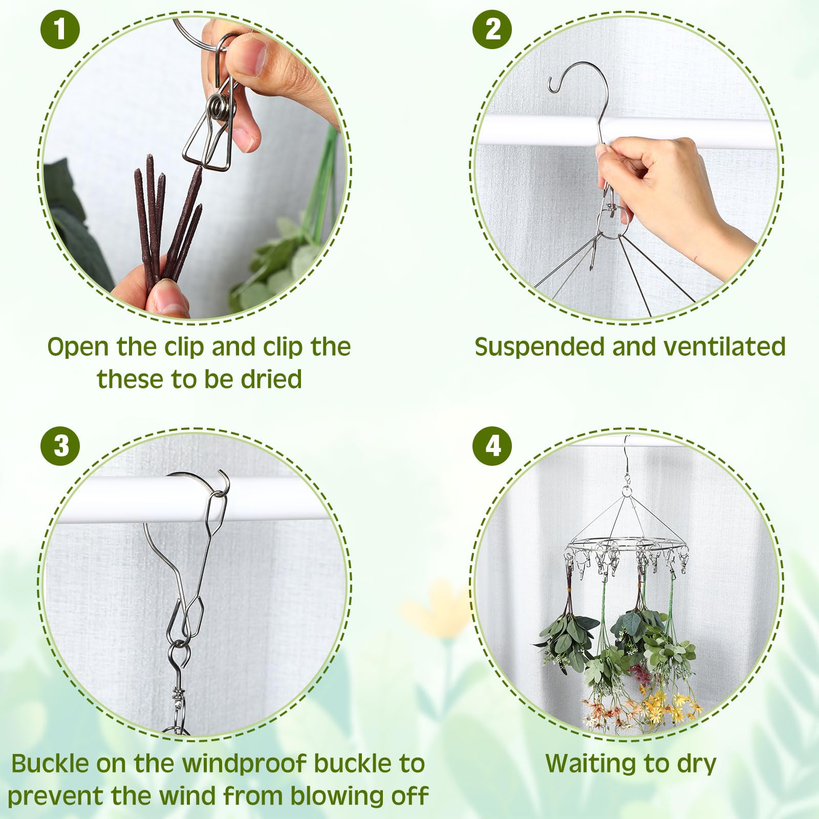 4 Pcs Hanging Drying Rack for Herb Macrame Flower Drying Rack with Stainless Clip Herb Dryer Hooks for Drying Herb Air Plants Spices Flowers Hydroponic Plants Ready to Use with Ceiling Hook (Round)