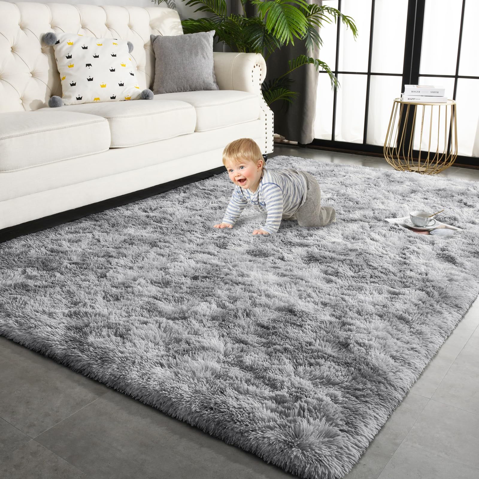 TWINNIS 8x10 Large Shag Area Rugs for Living Room Bedroom, Tie-Dye Light Grey Indoor Super Soft Fuzzy Plush Rugs, Upgrade Anti-Skid Modern Rugs Fluffy Carpets for Kids Room Nursery Home Decor