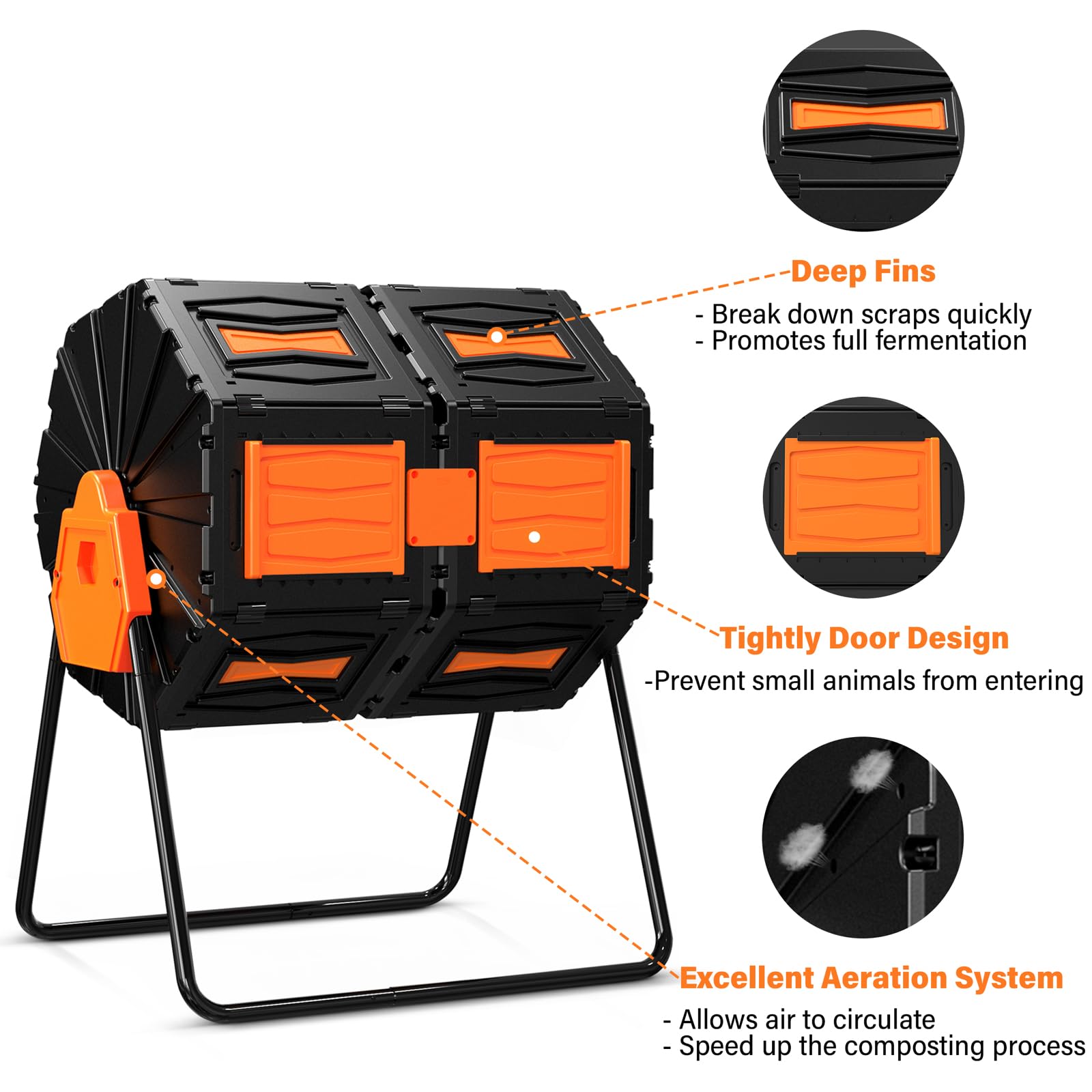 Compost Tumbler, Easy Assemble & Efficient Outdoor Compost Bin, 45 Gallon/170 Liter Large Dual Chamber Rotating Composter for Garden, Kitchen, and Yard Waste, Orange Door