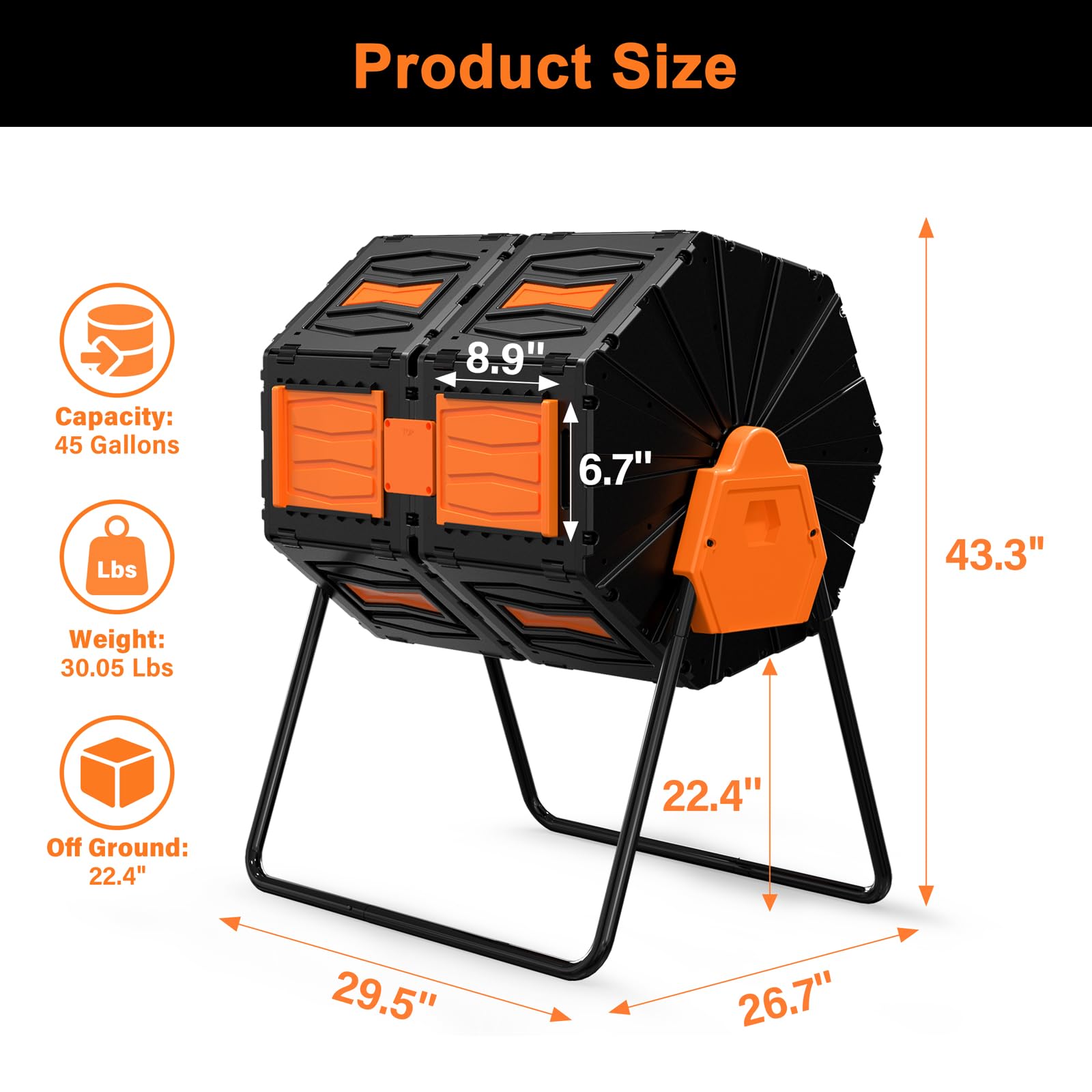 Compost Tumbler, Easy Assemble & Efficient Outdoor Compost Bin, 45 Gallon/170 Liter Large Dual Chamber Rotating Composter for Garden, Kitchen, and Yard Waste, Orange Door