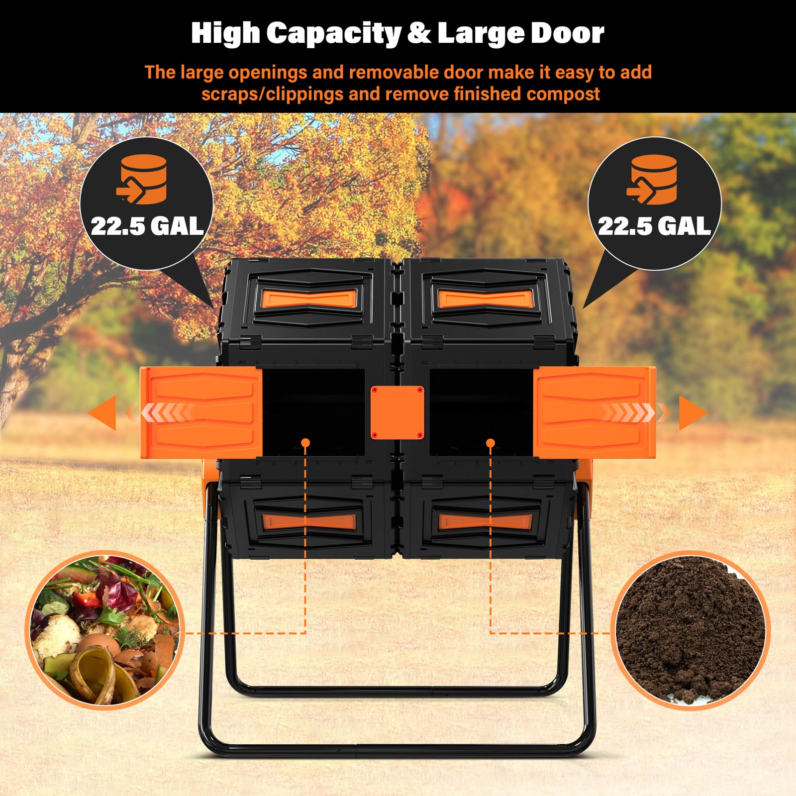 Compost Tumbler, Easy Assemble & Efficient Outdoor Compost Bin, 45 Gallon/170 Liter Large Dual Chamber Rotating Composter for Garden, Kitchen, and Yard Waste, Orange Door