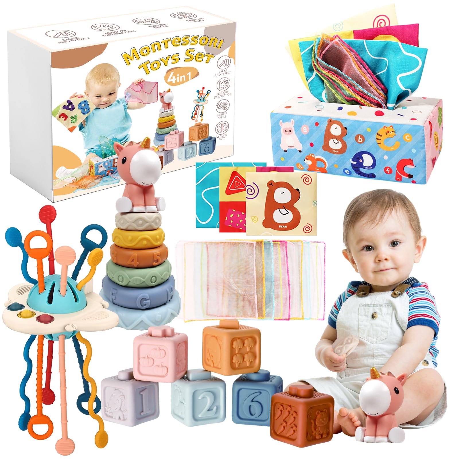 FEBALHS Montessori Baby Toys for 6+ Month Old, 4 in 1 Montessori Toys 6 to 12 months with Baby Stacking Toys, Baby Sensory Toys for 1 Year Old Boy Girl Infant Toddler Toys Gifts Birthday Gifts