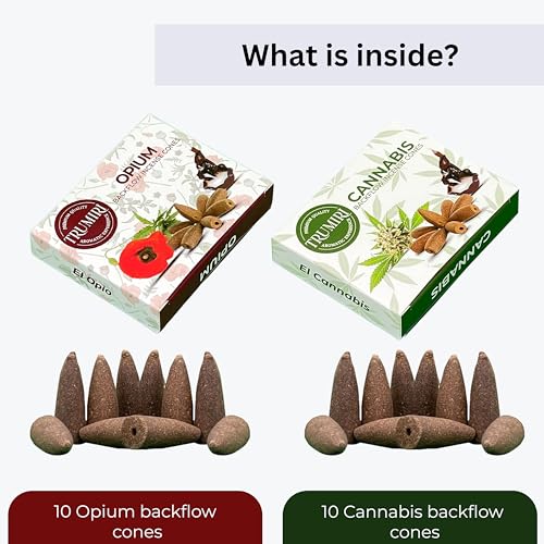 Backflow Incense Cones - Combo Pack of 20 Incense Cones Waterfall - 10 Opium + 10 Cannabis - Incense Backflow Cones - Waterfall Incense Cones - Incense Waterfall Cones