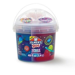 elmer’s gue premade slime bucket, space adventure theme, includes 3 lb. bucket with 3 types of slime and 3 sets of add-ins