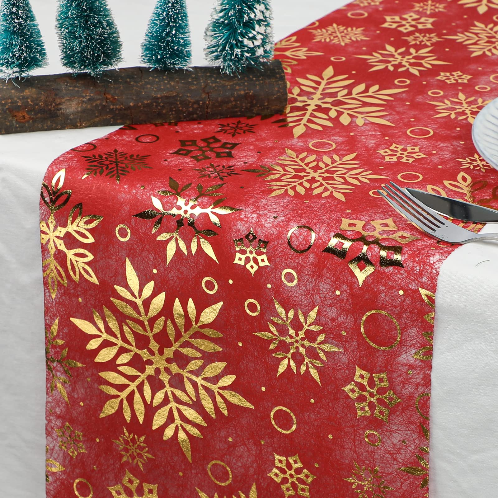 Qidordour Christmas Table Runner, 11 Inch x 196 Inch Long Table Runners, Gold Snowflake on Red Non-Woven Cloth Roll, Tabletop Decoration for Xmas Boho Farmhouse Home Kitchen Dining Thanksgiving Decor