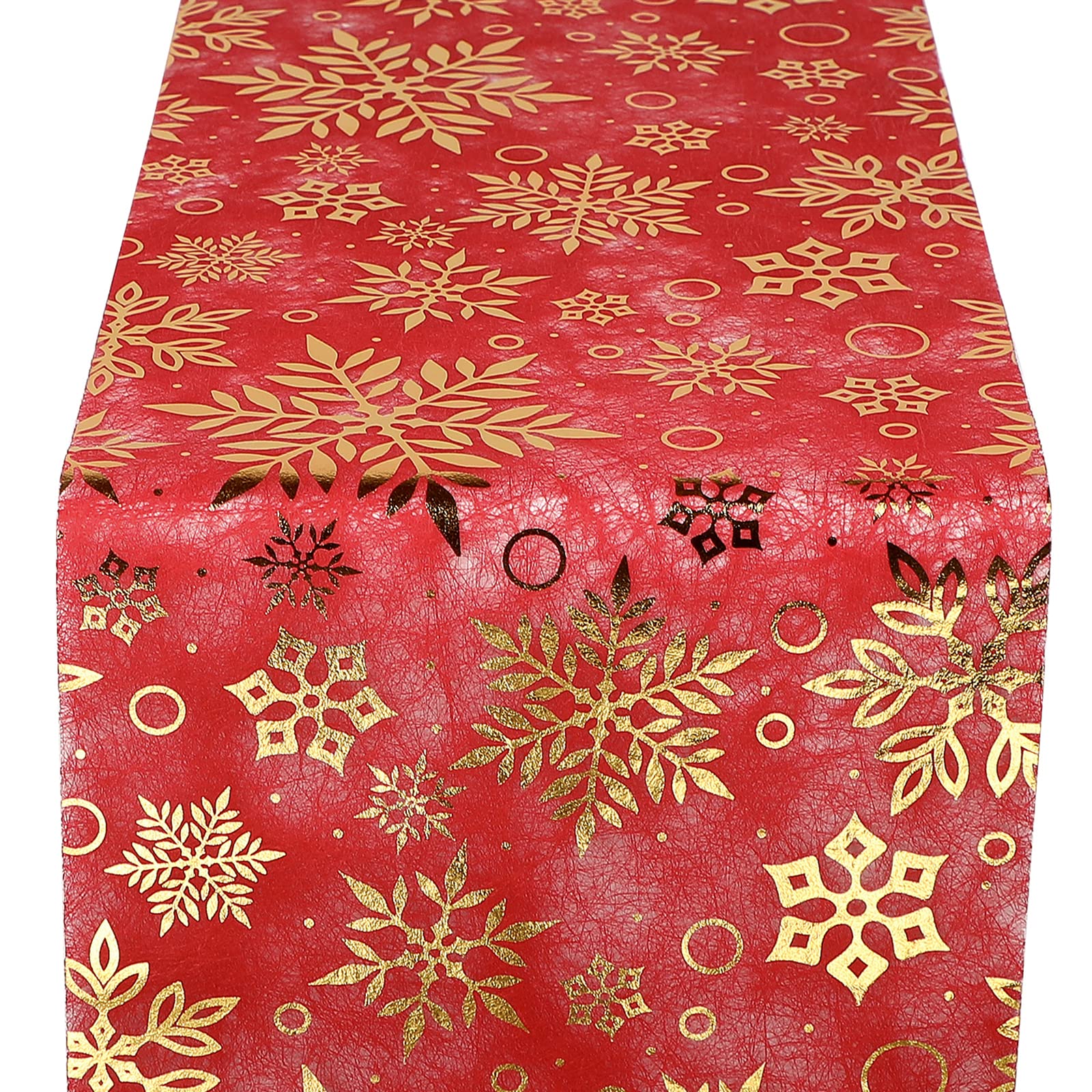 Qidordour Christmas Table Runner, 11 Inch x 196 Inch Long Table Runners, Gold Snowflake on Red Non-Woven Cloth Roll, Tabletop Decoration for Xmas Boho Farmhouse Home Kitchen Dining Thanksgiving Decor