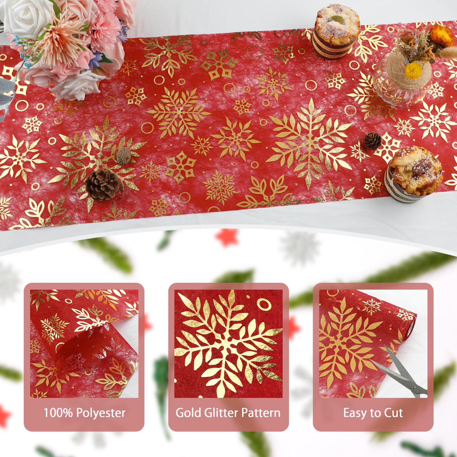 Qidordour Christmas Table Runner, 11 Inch x 196 Inch Long Table Runners, Gold Snowflake on Red Non-Woven Cloth Roll, Tabletop Decoration for Xmas Boho Farmhouse Home Kitchen Dining Thanksgiving Decor