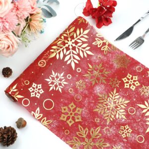 Qidordour Christmas Table Runner, 11 Inch x 196 Inch Long Table Runners, Gold Snowflake on Red Non-Woven Cloth Roll, Tabletop Decoration for Xmas Boho Farmhouse Home Kitchen Dining Thanksgiving Decor