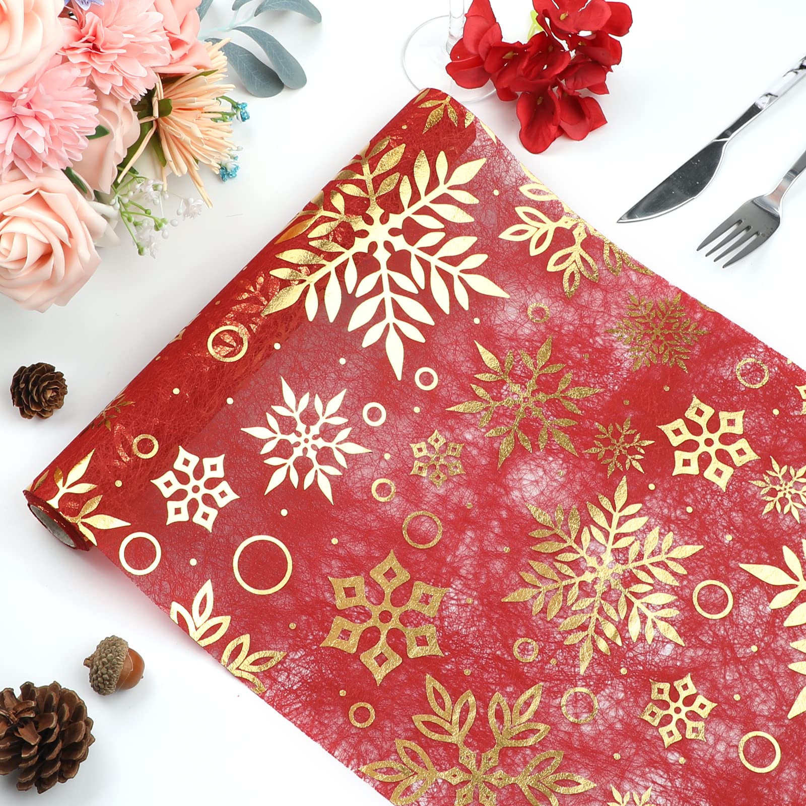 Qidordour Christmas Table Runner, 11 Inch x 196 Inch Long Table Runners, Gold Snowflake on Red Non-Woven Cloth Roll, Tabletop Decoration for Xmas Boho Farmhouse Home Kitchen Dining Thanksgiving Decor