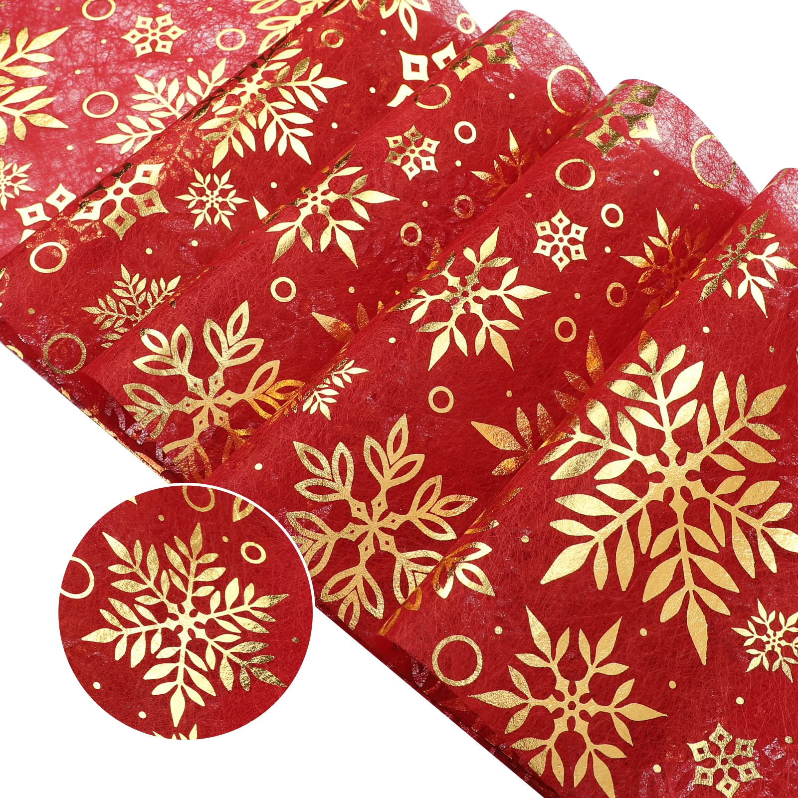 Qidordour Christmas Table Runner, 11 Inch x 196 Inch Long Table Runners, Gold Snowflake on Red Non-Woven Cloth Roll, Tabletop Decoration for Xmas Boho Farmhouse Home Kitchen Dining Thanksgiving Decor