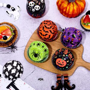 Whaline 600Pcs Halloween Cupcake Liners Pumpkin Witch Legs Bats Ghosts Spiders Skulls Cupcake Wrappers Baking Cups Holders Muffin Baking Liners for Halloween Party Supply