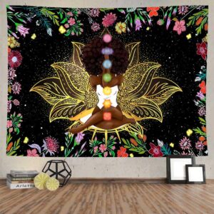 Ine Ive African Chakra Tapestry African American Woman Zen Meditation Tapestry 80x60 Inch Starry Sky Flower Garden Tapestry Inspirational Afro Yoga Wall Art Tapestry for Bedroom Dorm Decor GTDWIE0157