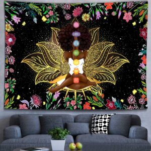 Ine Ive African Chakra Tapestry African American Woman Zen Meditation Tapestry 80x60 Inch Starry Sky Flower Garden Tapestry Inspirational Afro Yoga Wall Art Tapestry for Bedroom Dorm Decor GTDWIE0157