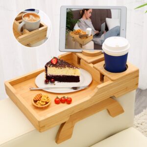 bambootray couch arm tray, multi-function folding sofa armrest tray with 360°rotating phone&pad bracket, tv tray for eating and beverage