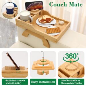 BAMBOOTRAY Couch Arm Tray, Multi-Function Folding Sofa Armrest Tray with 360°Rotating Phone&Pad Bracket, TV Tray for Eating and Beverage