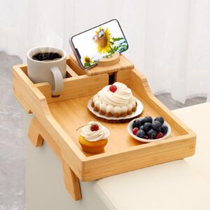 BAMBOOTRAY Couch Arm Tray, Multi-Function Folding Sofa Armrest Tray with 360°Rotating Phone&Pad Bracket, TV Tray for Eating and Beverage