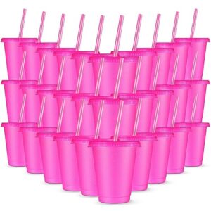 30 Pieces Reusable Cups with Lids and Straws 16 oz Glitter Iced Coffee Tumbler Plastic Travel Mug Cup for Smoothie Juices Parties Birthdays, Flamingo Party Bachelor Party(Hot Pink)