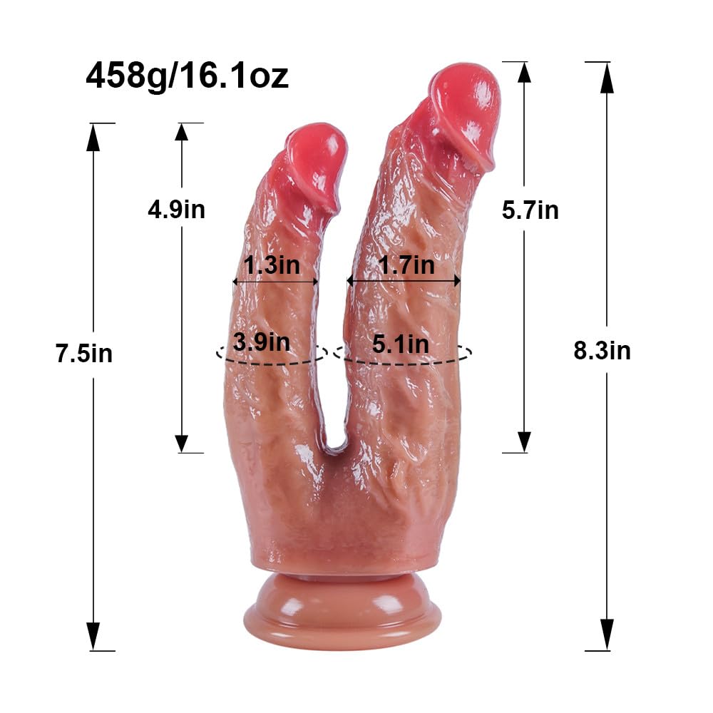 8.3 Inch Big Realistic Double Ended Dildo,Soft Liquid Silicone Double Sided Dildo, Suction Cup for Play, Flexible Dildo Headed with Curved Shaft for Vaginal G-spot and Anal Play lesbian