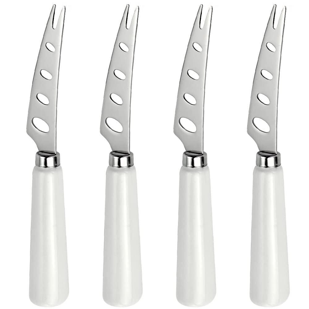 MEIYAHOME 4 Pieces PRONGED Cheese knife 6.5inch Fine smooth finish SUS430 Stainless Steel 6inch Cheese Slicer Cheese Cutter with White Ceramic Handle good hand grip