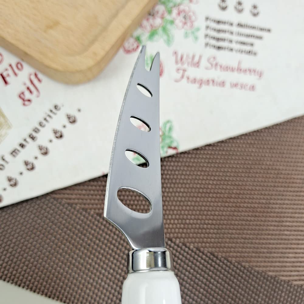 MEIYAHOME 4 Pieces PRONGED Cheese knife 6.5inch Fine smooth finish SUS430 Stainless Steel 6inch Cheese Slicer Cheese Cutter with White Ceramic Handle good hand grip