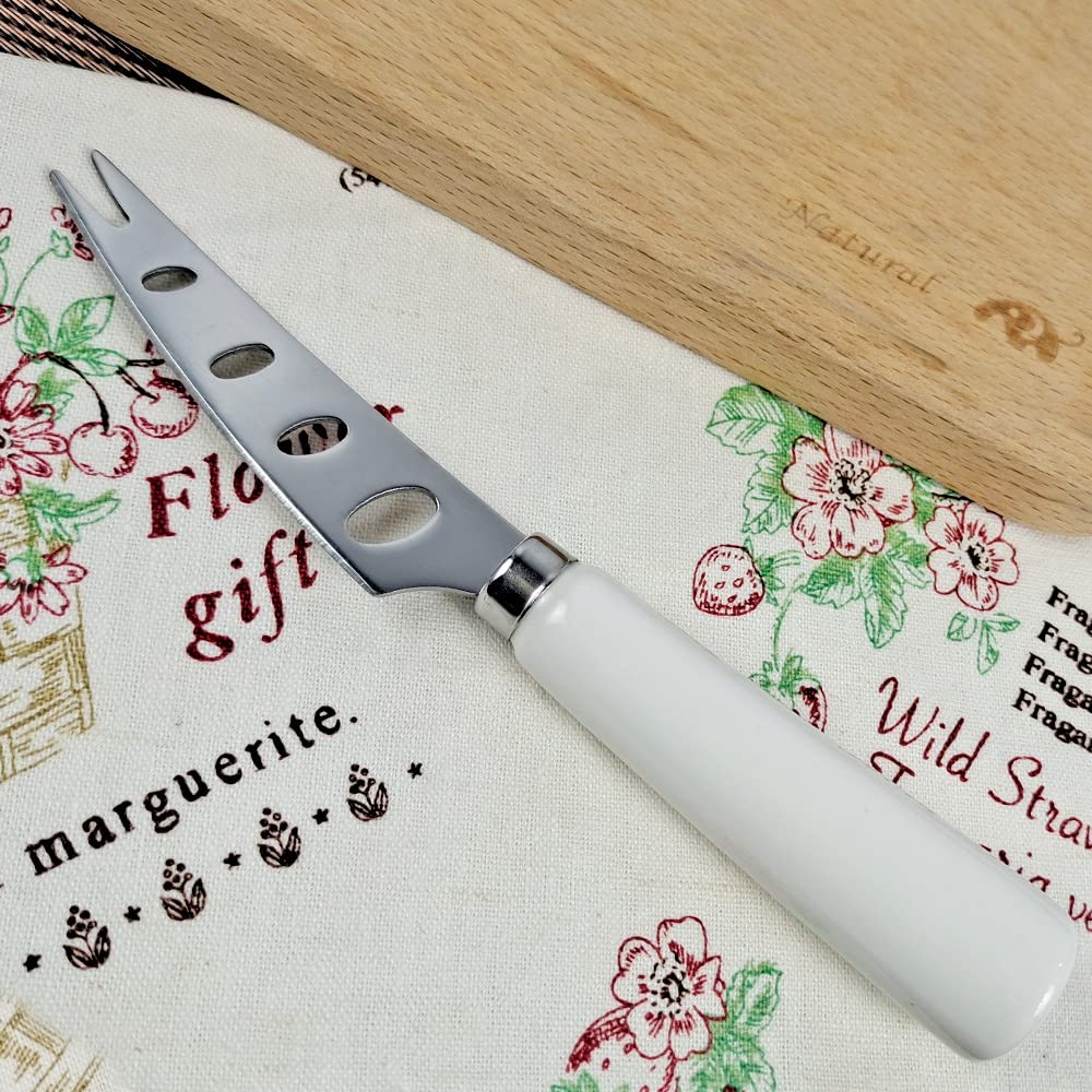 MEIYAHOME 4 Pieces PRONGED Cheese knife 6.5inch Fine smooth finish SUS430 Stainless Steel 6inch Cheese Slicer Cheese Cutter with White Ceramic Handle good hand grip