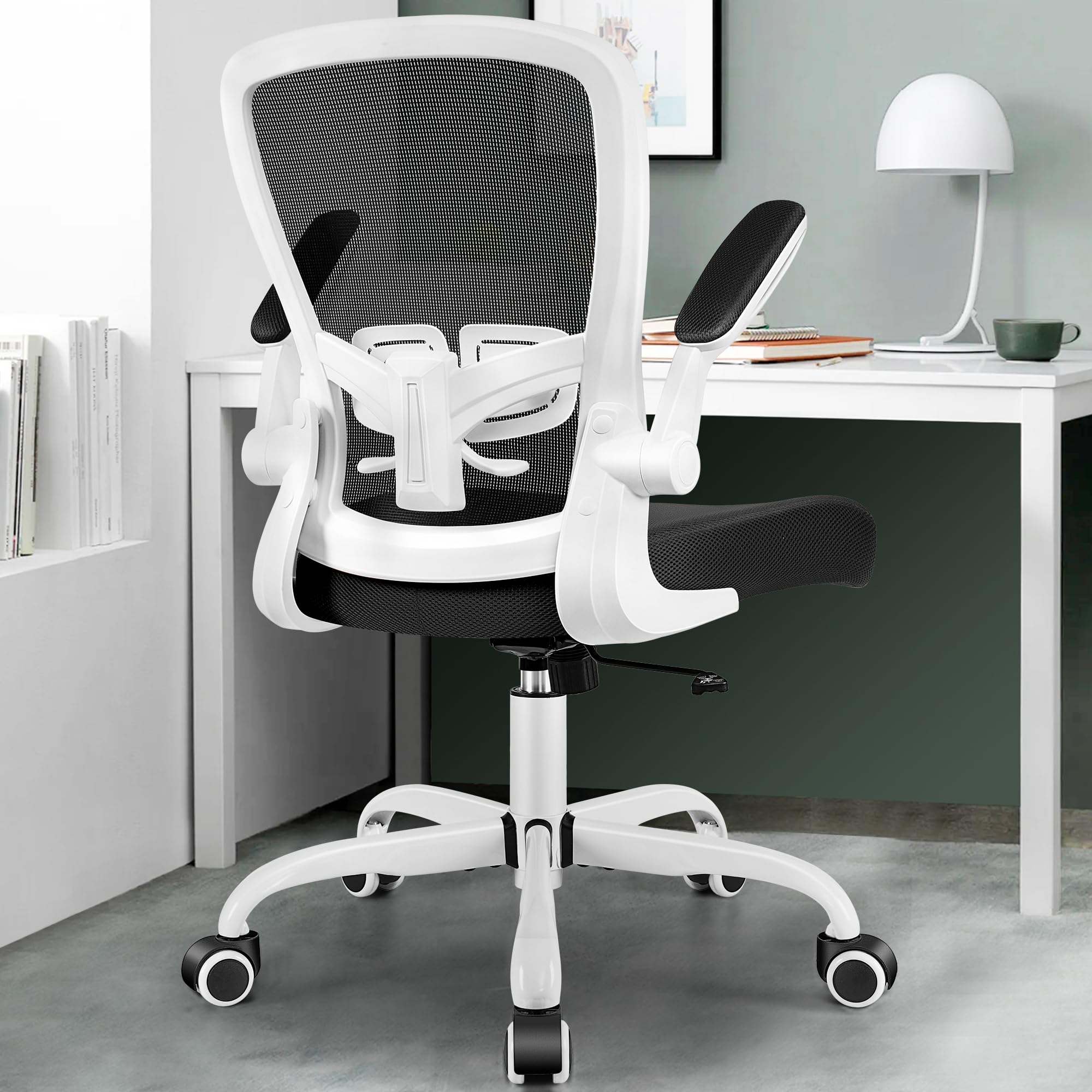 MINLOVE Office Chair Ergonomic Desk Chair with Adjustable Lumbar Support and Height, 90° Flip-up Armrests, Ergo Desk Chairs with Wheels, 360° Swivel Mesh Chair, Home Work Use (White)