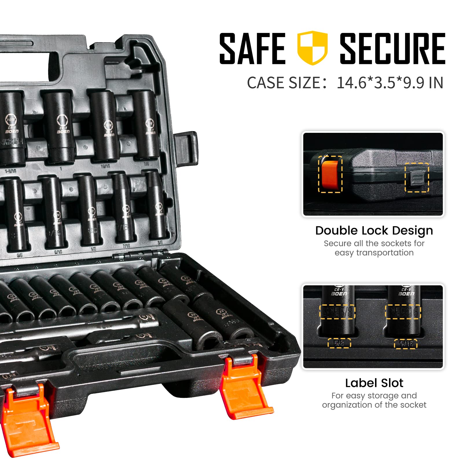 BOEN 1/2" & 3/8"Drive Deep & Shallow Impact Socket Set, 64 Piece Socket Set SAE 3/8" to 1-1/4" | Metric 8 to 24mm, Includes Extension Bars, Universal Joint and Adapter, 6 Point, Cr-V Steel, Double Loc