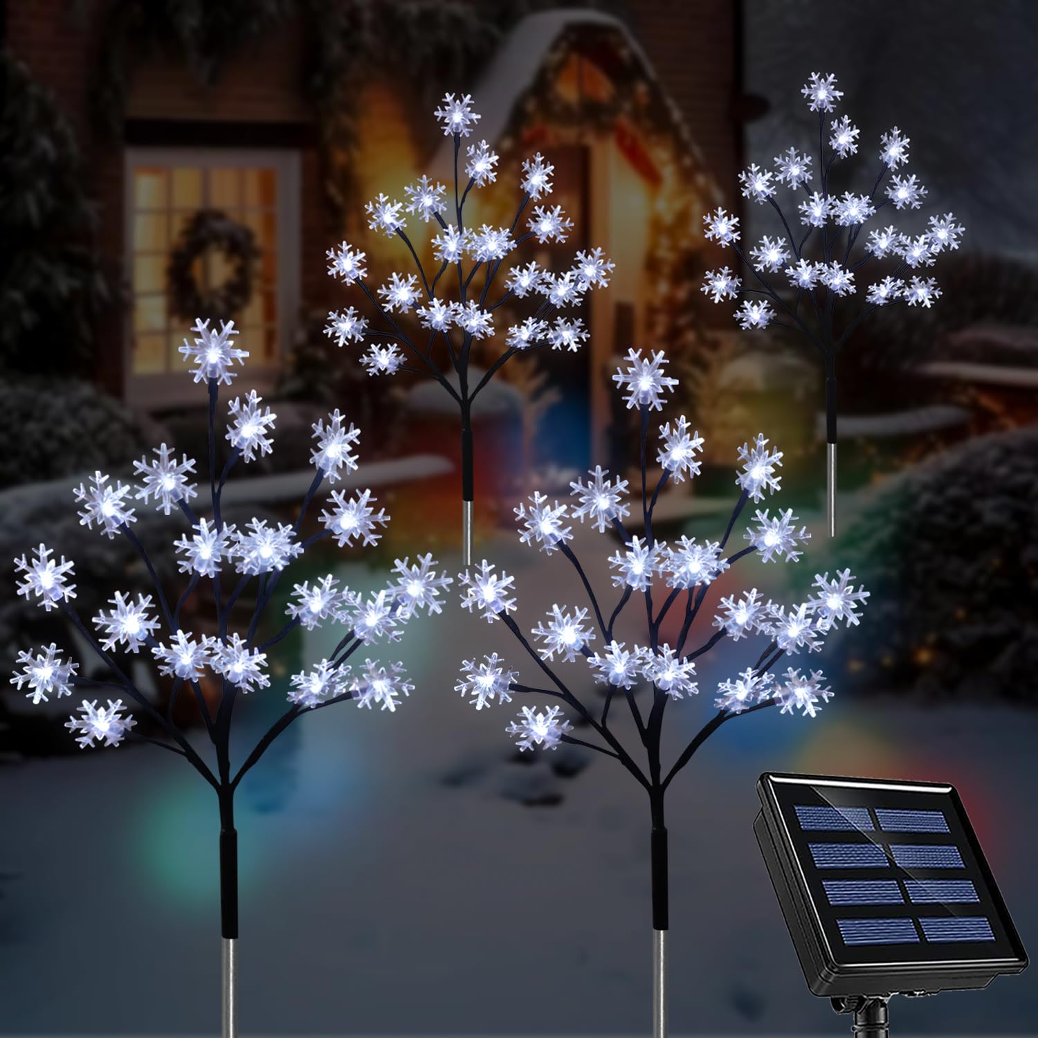 Newest 4-Pack 80LEDs Solar Christmas Snowflake Stake Lights, 8 Modes Solar Snowflake Outdoor Christmas Decorations Lights, Waterproof Solar Christmas Outdoor Lights for Garden Yard Pathway Walkway