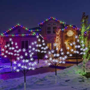 Newest 4-Pack 80LEDs Solar Christmas Snowflake Stake Lights, 8 Modes Solar Snowflake Outdoor Christmas Decorations Lights, Waterproof Solar Christmas Outdoor Lights for Garden Yard Pathway Walkway