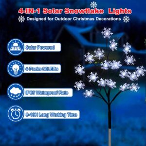 Newest 4-Pack 80LEDs Solar Christmas Snowflake Stake Lights, 8 Modes Solar Snowflake Outdoor Christmas Decorations Lights, Waterproof Solar Christmas Outdoor Lights for Garden Yard Pathway Walkway