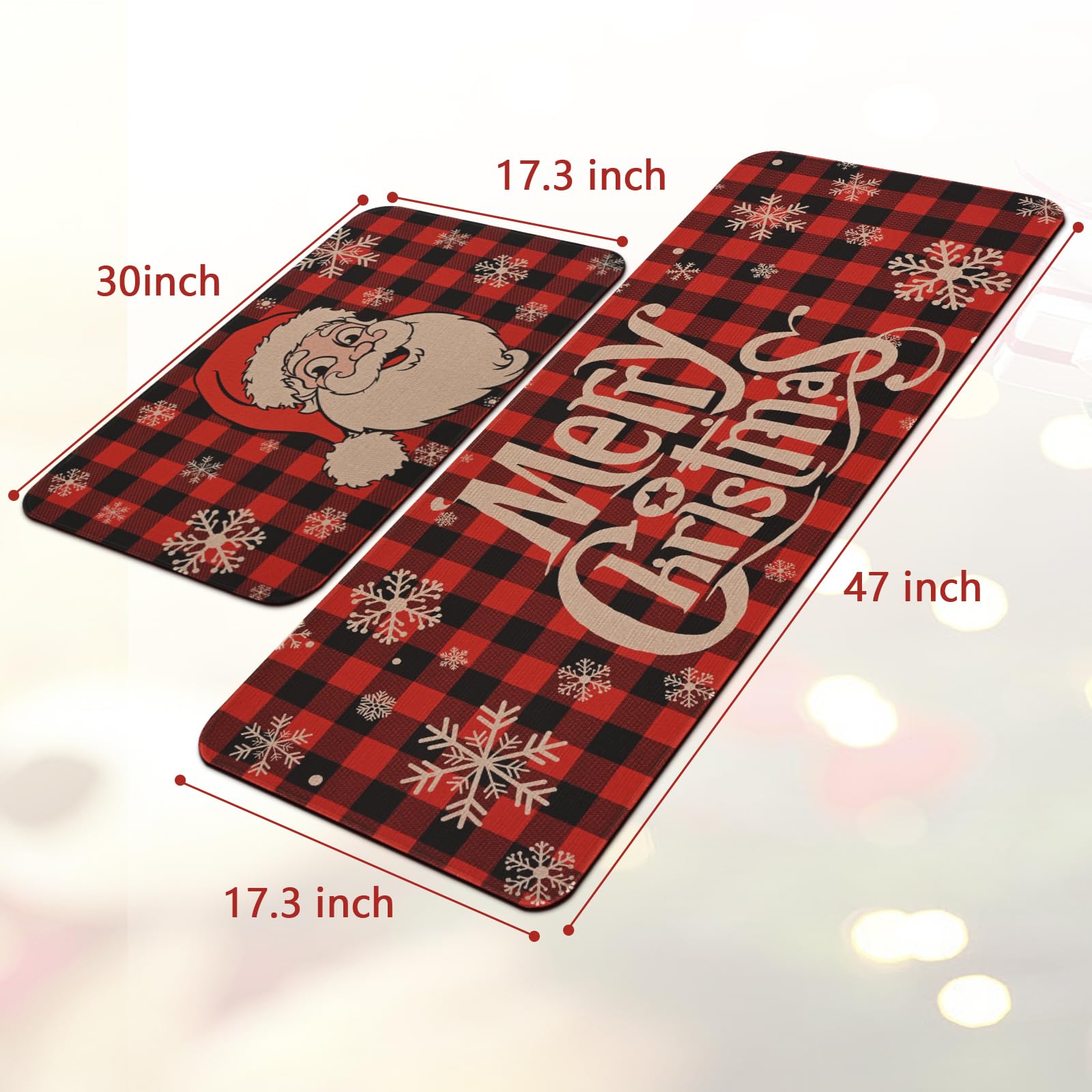 Yinhua Christmas Kitchen Rugs and Mats, Non Skid Red and Black Plaid Washable Kitchen Mats for Floor, Santa Claus Absorbent Kitchen Mats for Kitchen Floor Xmas Decor Gift 17x30 and 17x47 Inch