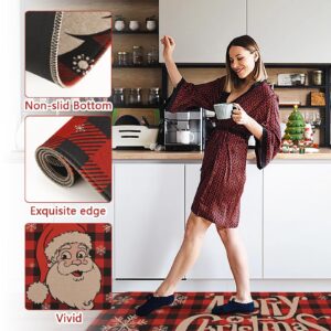 Yinhua Christmas Kitchen Rugs and Mats, Non Skid Red and Black Plaid Washable Kitchen Mats for Floor, Santa Claus Absorbent Kitchen Mats for Kitchen Floor Xmas Decor Gift 17x30 and 17x47 Inch