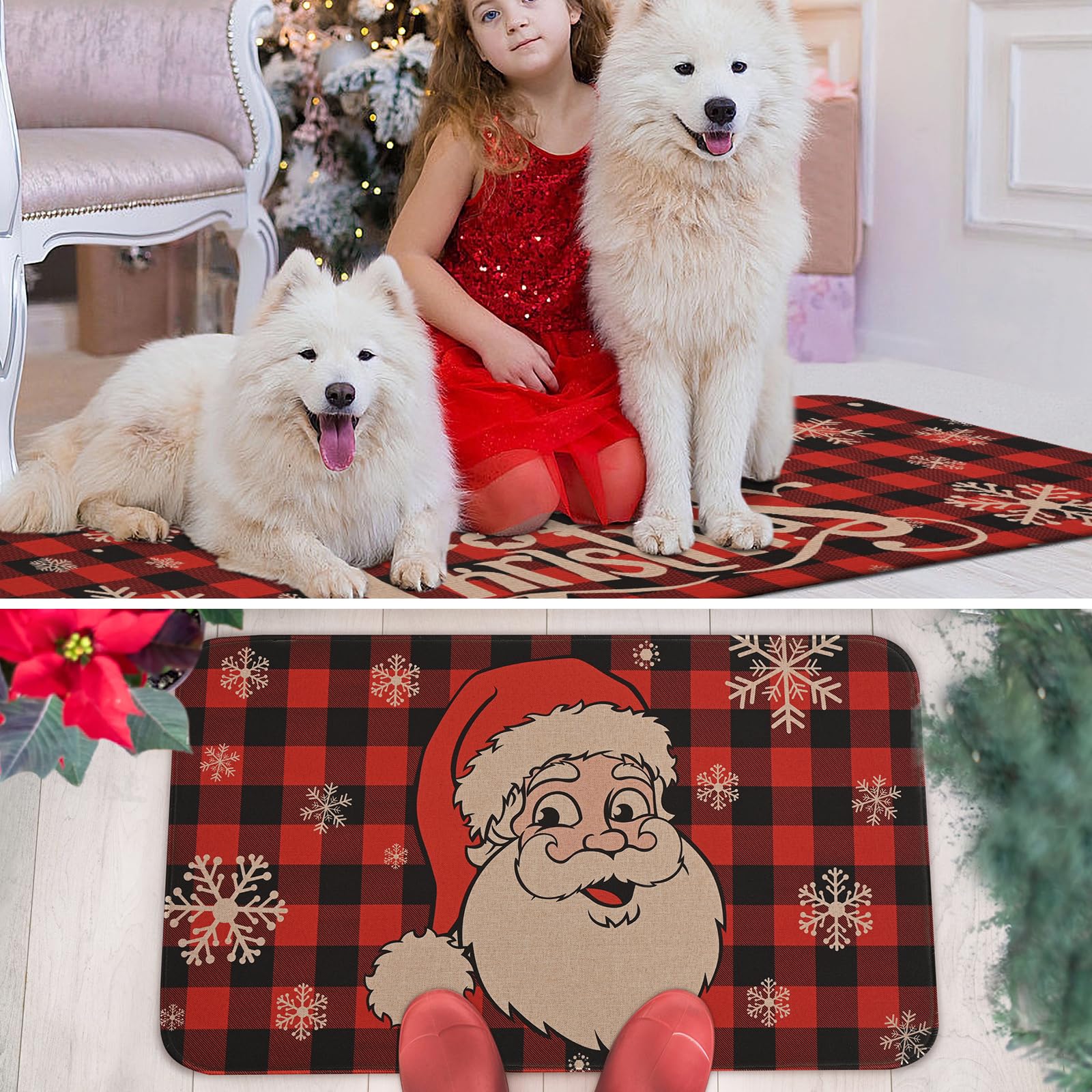 Yinhua Christmas Kitchen Rugs and Mats, Non Skid Red and Black Plaid Washable Kitchen Mats for Floor, Santa Claus Absorbent Kitchen Mats for Kitchen Floor Xmas Decor Gift 17x30 and 17x47 Inch