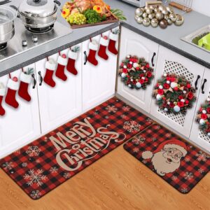 Yinhua Christmas Kitchen Rugs and Mats, Non Skid Red and Black Plaid Washable Kitchen Mats for Floor, Santa Claus Absorbent Kitchen Mats for Kitchen Floor Xmas Decor Gift 17x30 and 17x47 Inch