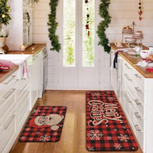 Yinhua Christmas Kitchen Rugs and Mats, Non Skid Red and Black Plaid Washable Kitchen Mats for Floor, Santa Claus Absorbent Kitchen Mats for Kitchen Floor Xmas Decor Gift 17x30 and 17x47 Inch