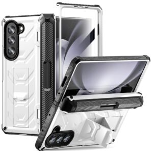 fonrest rugged case armor for samsung-galaxy-z-fold-5 5g with built-in [kickstand] [s pen holder] [screen protector] [hinge protection], heavy duty military shockproof protective cover (white)