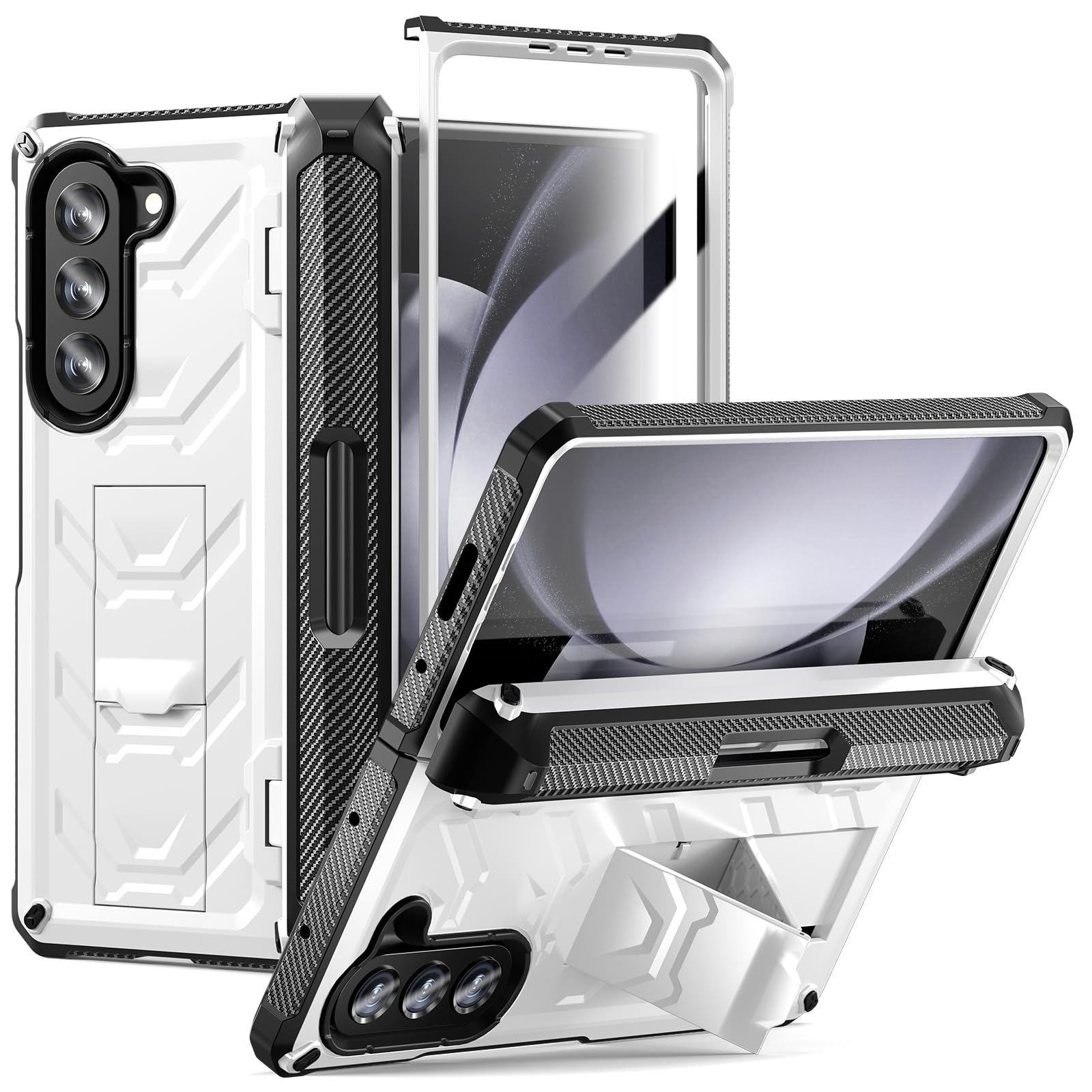 FONREST Rugged Case Armor for Samsung-Galaxy-Z-Fold-5 5G with Built-in [Kickstand] [S Pen Holder] [Screen Protector] [Hinge Protection], Heavy Duty Military Shockproof Protective Cover (White)