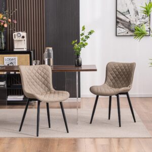 YOUTASTE Khaki Dining Chairs Set of 2 Mid Century Modern PU Leather Diamond Upholstered Accent Guest Dinner Chair with Back Metal Legs for Kitchen Living Reception Waiting Room