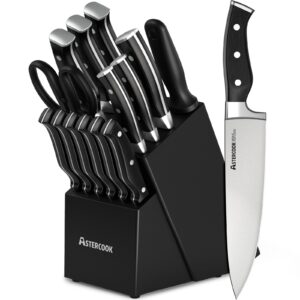 knife set, astercook 15 pcs triple rivet kitchen knife set high carbon stainless steel knife sets for kitchen with block, dishwasher safe, black